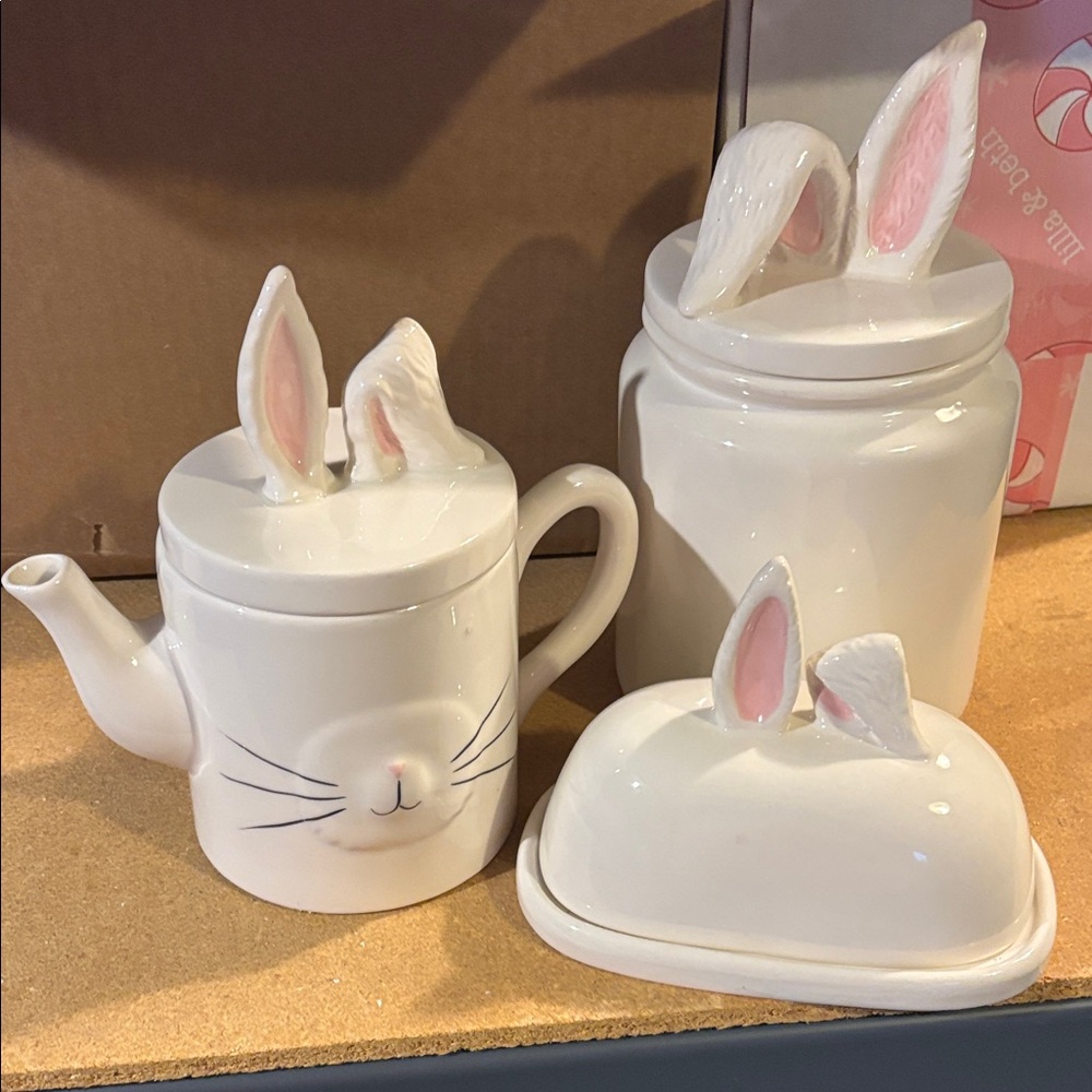 Magenta Whimsy Bunny trio with tea pot, butter dish and canister